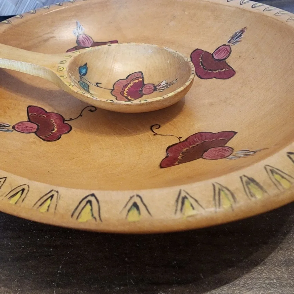 Wooden Serving Bowl w/Spoon Hand Painted‎ Made in Sweden Vintage 1954 7